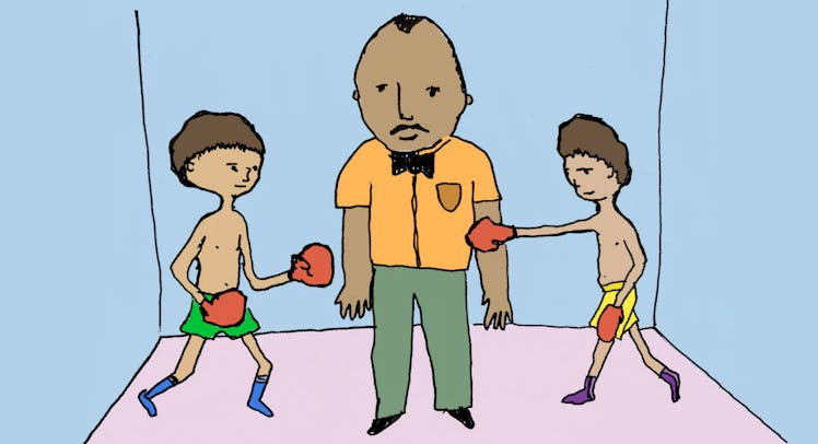 An illustration of two boys sparring in a ring