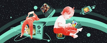 孩子玩电视的拼贴显示流行的年轻观众显万博体育app安卓版下载示背景。