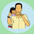 An illustrated picture of a father and a child on his shoulder as they are roughhousing