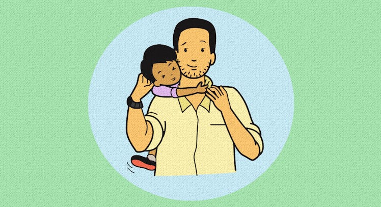 An illustrated picture of a father and a child on his shoulder as they are roughhousing