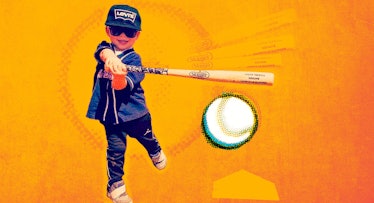 2-Year-Old Asher Willig in a jersey holding a bat and hitting a baseball