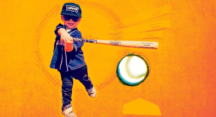 2-Year-Old Asher Willig in a jersey holding a bat and hitting a baseball with an orange background