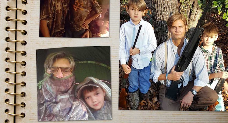 A photo album with various photos of a dad with his sons posing while holding guns