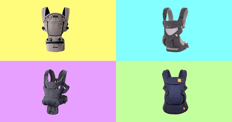 Baby carriers for dads set against a multi-colored background