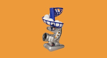 The MLB Electronic Baseball Pitching Machine by Franklin on an orange background