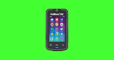 KidBuzz G2 basic cell phone for kids in front of a green background