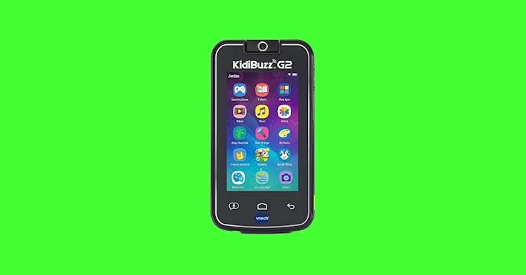KidBuzz G2 basic cell phone for kids on a green background