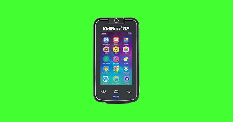 KidBuzz G2 basic cell phone for kids on a green background