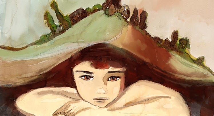 An illustration of a boy with his arms crossed with a mountain on his back