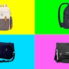 colorful photo grid of four of the best diaper bags for dads