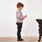 A little boy in a striped sweater and denim jeans standing across from a dog  who is trained to play...