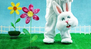 An Easter Bunny suit and flowers