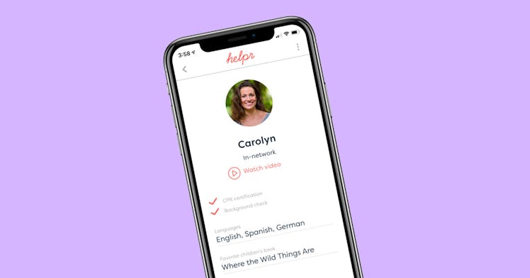 iphone displaying a baby sitter's profile on a babysitter app isolated on purple backgorund