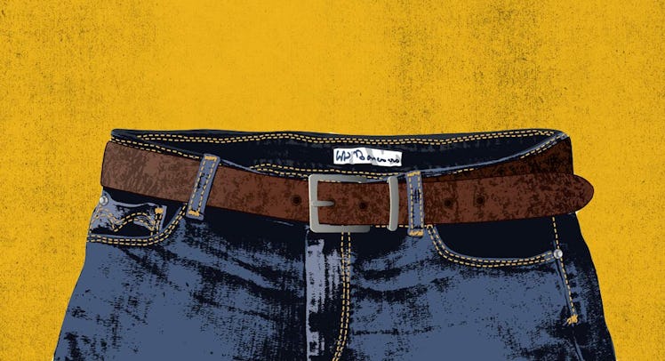 Illustrated jeans with a brown leather belt on a yellow background