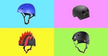 colorful photo grid of four of the best bike helmets for kids