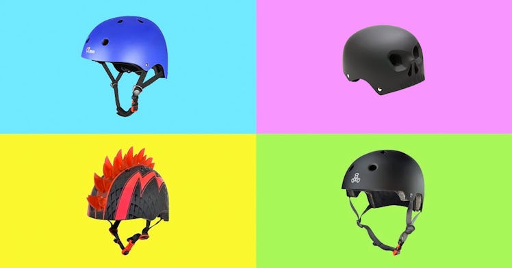 colorful photo grid of four of the best bike helmets for kids