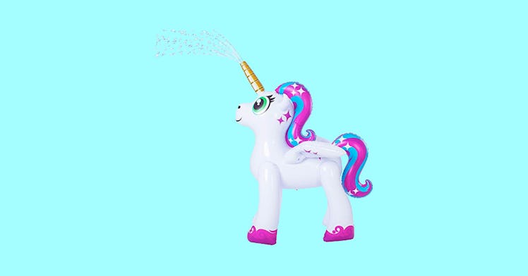 Unicorn Sprinkler by JOYIN in front of a teal background