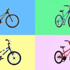 four kids mountain bikes set against a multicolored background