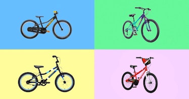 four kids mountain bikes set against a multicolored background