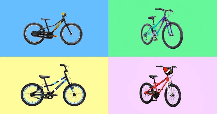 four kids mountain bikes set against a multicolored background