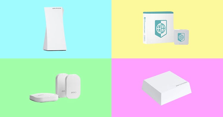 4 parental control routers displaced on a pastel colored backdrop