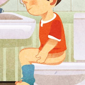 An illustration of a kid sitting on the toilet, potty training