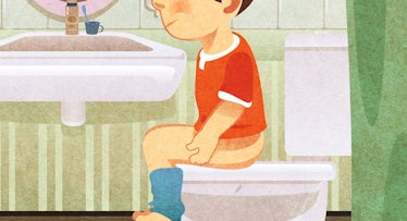 An illustration of a kid sitting on the toilet, potty training