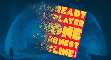A collage of a seemingly disappearing cover of 'Ready For Player One' on a dark background with a ma...