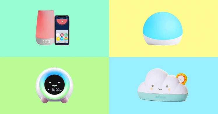 A variety of the best ok-to-wake clocks set against a multi-colored background.