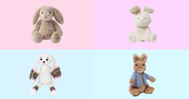 the best bunny stuffed animals and Easter stuffed animals set against a multi-colored background