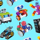 The best coding robots and robot toys, as well as STEM toys of 2021, set against a blue backdrop.