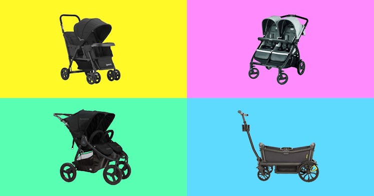 Double strollers for two or more kids, including tandem and side by side strollers against a multi-c...
