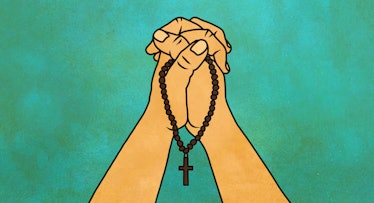 An illustration of two hands holding a cross necklace while praying