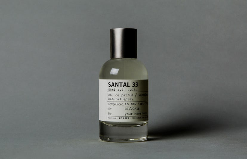 Santal from Le Labo in a transparent bottle with a metal cap