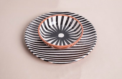 Black and white striped handmade Portuguese plates and bowls