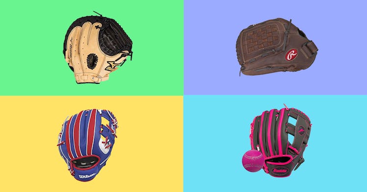 The best kids' baseball gloves and mitts, against a multi-colored background