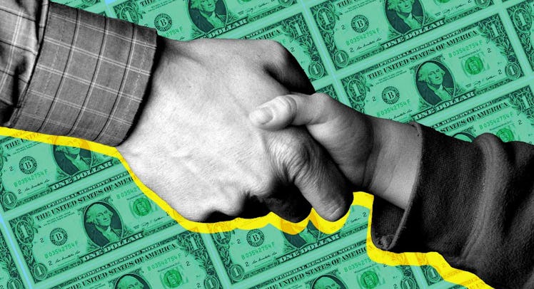 A collage of two hands, one of a father, one of a son, shaking as a child wins a bet