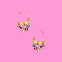 Mixed-Stone Charm Petite Crescent Hoop Earrings by Chan Luu for new moms featured on a pink backgrou...