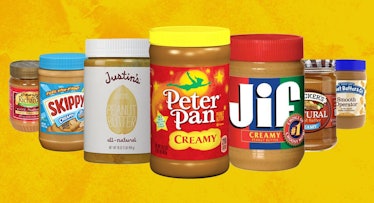 Various popular peanut butter brands put next to each other in front of a yellow background