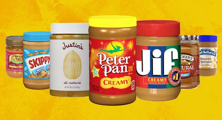 Various popular peanut butter brands put next to each other on a yellow background