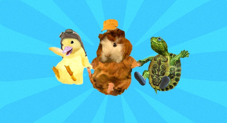 Wonder pets characters holding hands on a blue background