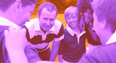 A man who is coaching youth sports surrounded by four boys with a purple and orange color filter