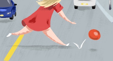An illustration of a girl crossing a busy street and a red ball she just dropped