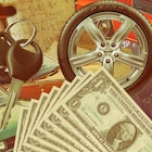 A collage of a cars, car wheel, money, car keys, a math notebook and a blackboard