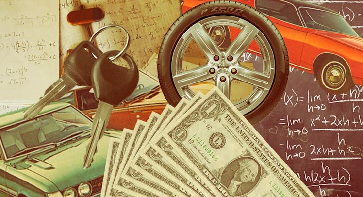 A collage of a cars, car wheel, money, car keys, a math notebook and a blackboard