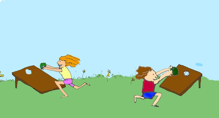 Illustration of two kids playing the toddler cornhole race game