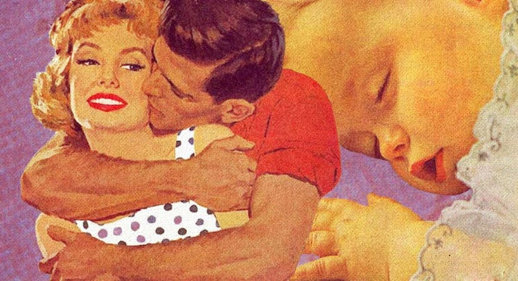A vintage collage illustration of a man hugging his wife from behind and a baby sleeping in the back...