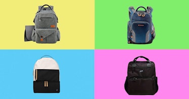 4 diaper backpacks for dads isolated on a multicolored backdrop