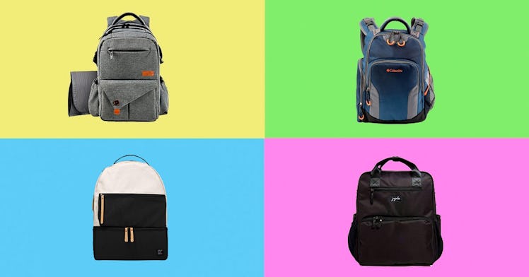 4 diaper backpacks for dads isolated on a multicolored backdrop