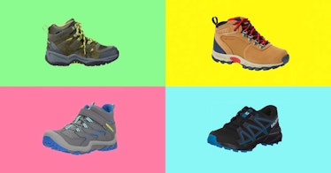 4 pairs of kids hiking boots set against a multicored backdrop